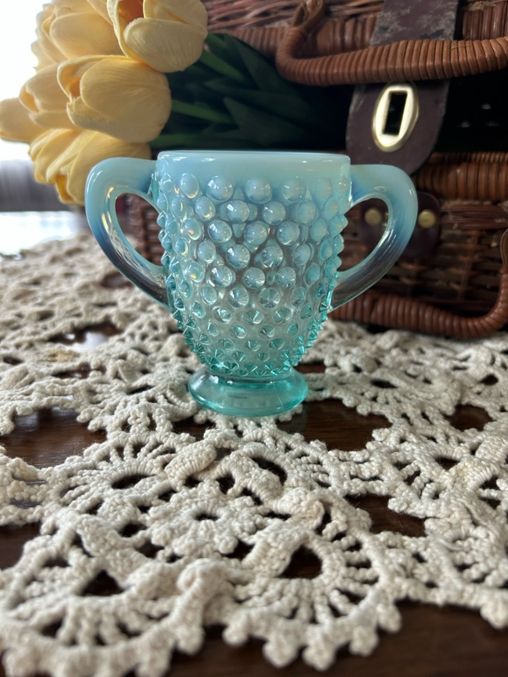 Vintage Blue Hobnail Two-Handled Sugar Bowl